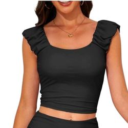 Black Ruffle Sleeve Tankini Bathing Suit Top
