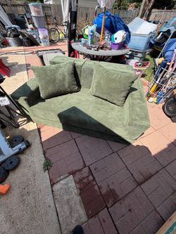 Green Corduroy Loveseat with Throw Pillows