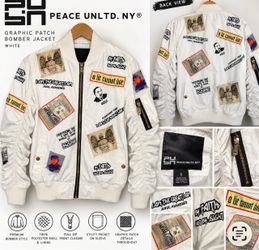 PEACE UNLTD. NY White Graphic Patch Bomber Jacket – Size Small