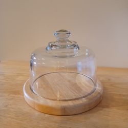 Vintage Dutch & Garden Glass Dessert Cheese Cloche Dome With Wood Serving Tray 
