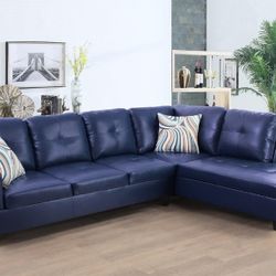 Blue Semi PU Synthetic Leather 3 Seater Sectional Sofa With Ottoman 