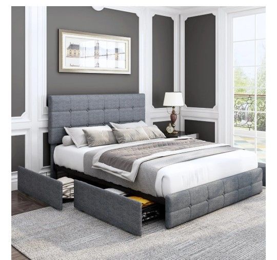 Queen Size Bed Frame With 4 Storage Drawers