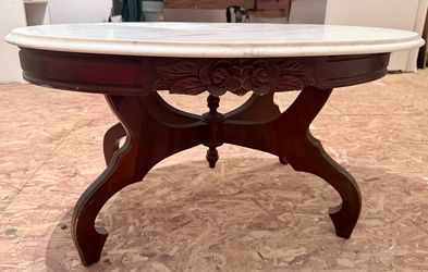 Vintage Kimball Mahogany & White Marble Coffee Table - Carved Victorian Style