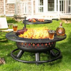 36 Inch Fire Pit with Grill,Wood Burning Fire Pits for Outside with Lid& Fire Poker,Round Metal