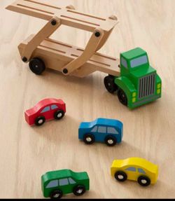 (2) Real Wood Sets! Melissa & Doug Wood Car Carrier & Vehicles! Plus A Mula Crain With Magnetic Shapes On Trailer!