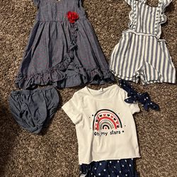 18 Mo Dress With Romper, Stripped Overalls, Oh My Stars Shirt Shorts And Headband