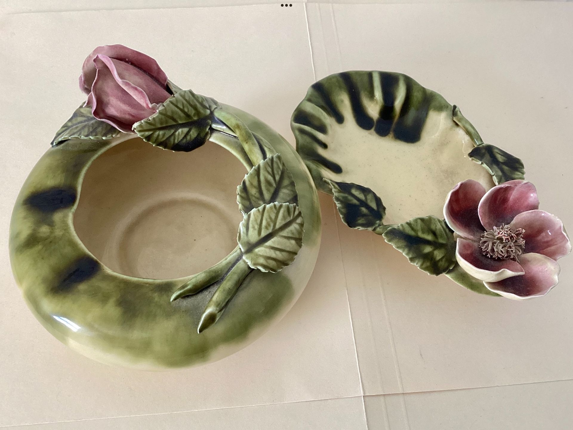 1940s Art Nouveau Style Porcelain Dish / Ashtray + Bowl Applied Magnolia Hand Painted Flowers