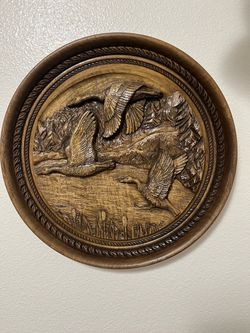vintage 1970s faux-wood Canada Geese wall plaque, which is a highly detailed reproduction originally designed by Canadian sculptor Karl Rothammer
