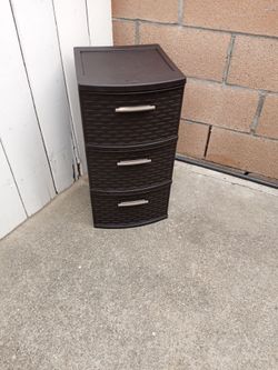 Brown plastic storage 3 drawer and trash bin