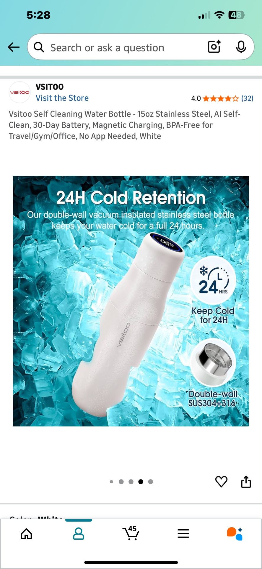 Vsitoo Self Cleaning Water Bottle - 15oz Stainless Steel #