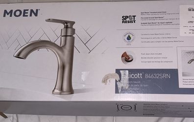 New Moen Ellicott Single-Handle Bathroom Faucet (Model 84632SRN) Brushed Nickel Spot Resist