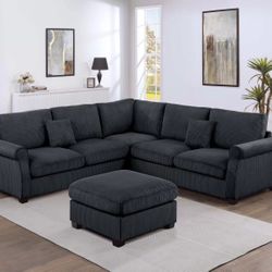 Brand New Black Corduroy Sectional Sofa With  Ottoman