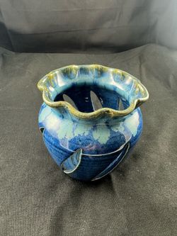 Signed Allison Smith Studio Art Pottery Candle Holder Blue Cutout Lantern