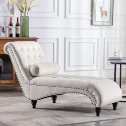 Tufted Chaise Lounge Chair Leisure Sofa Couch w/Bolster Pillow, Nailhead Trim and Turned Legs for Indoor Living Room (Creamy-Whit