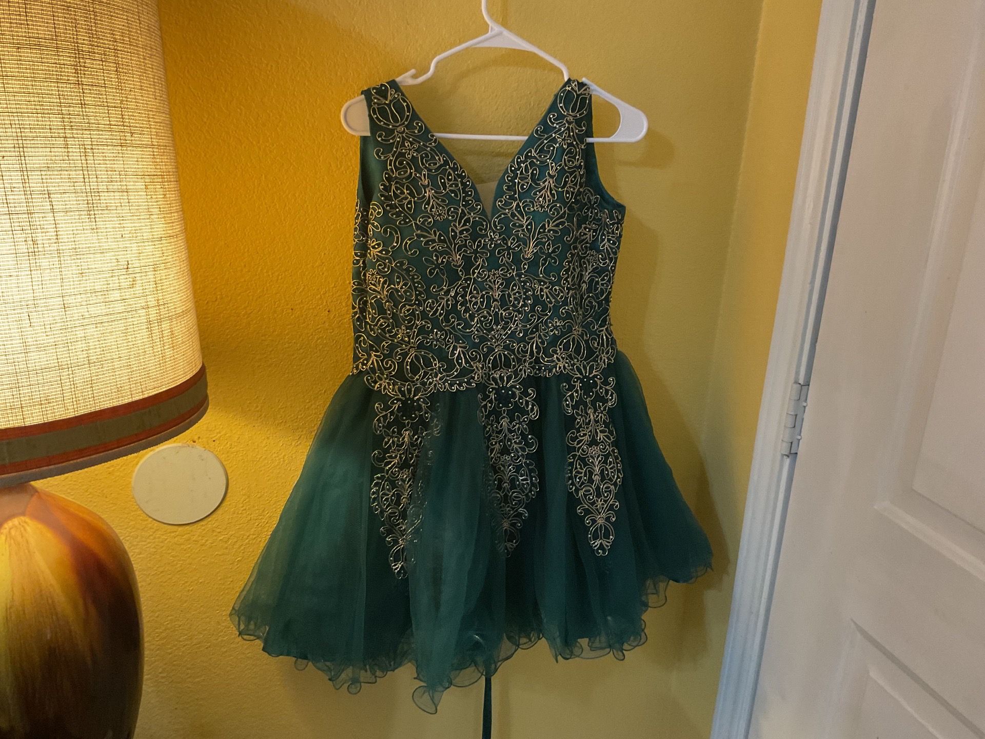 Cinderella Couture Hunter Green & Gold Short Formal Dress - Size 14