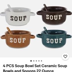 4 Pcs Soup Bowl Set  Ceramic Soup Bowl And Spoons Speckled Kitchen 