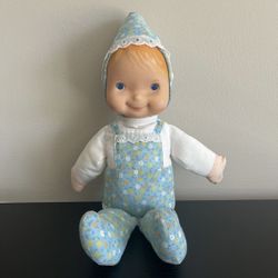 Fisher Price Bobbie Soft Cloth Doll 245 RARE Vintage 1980s Blue Floral With Hood