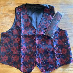 Men’s Suit Vest, Burgundy, Blue Floral Tie, Hanke Cufflinks Set