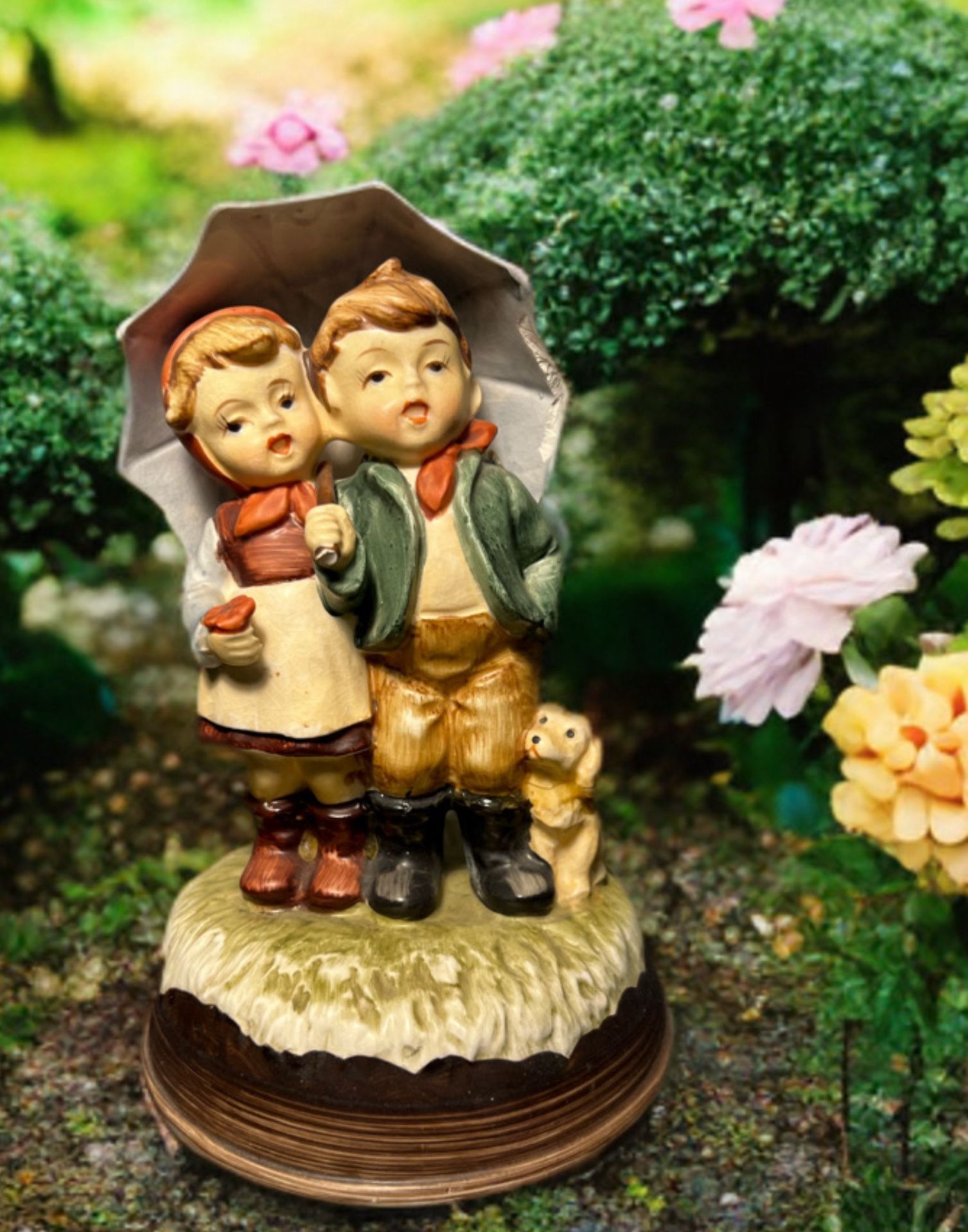 Japan 1960s Hummel-Style Umbrella Children Figurine, 7.5”, REPAIRED