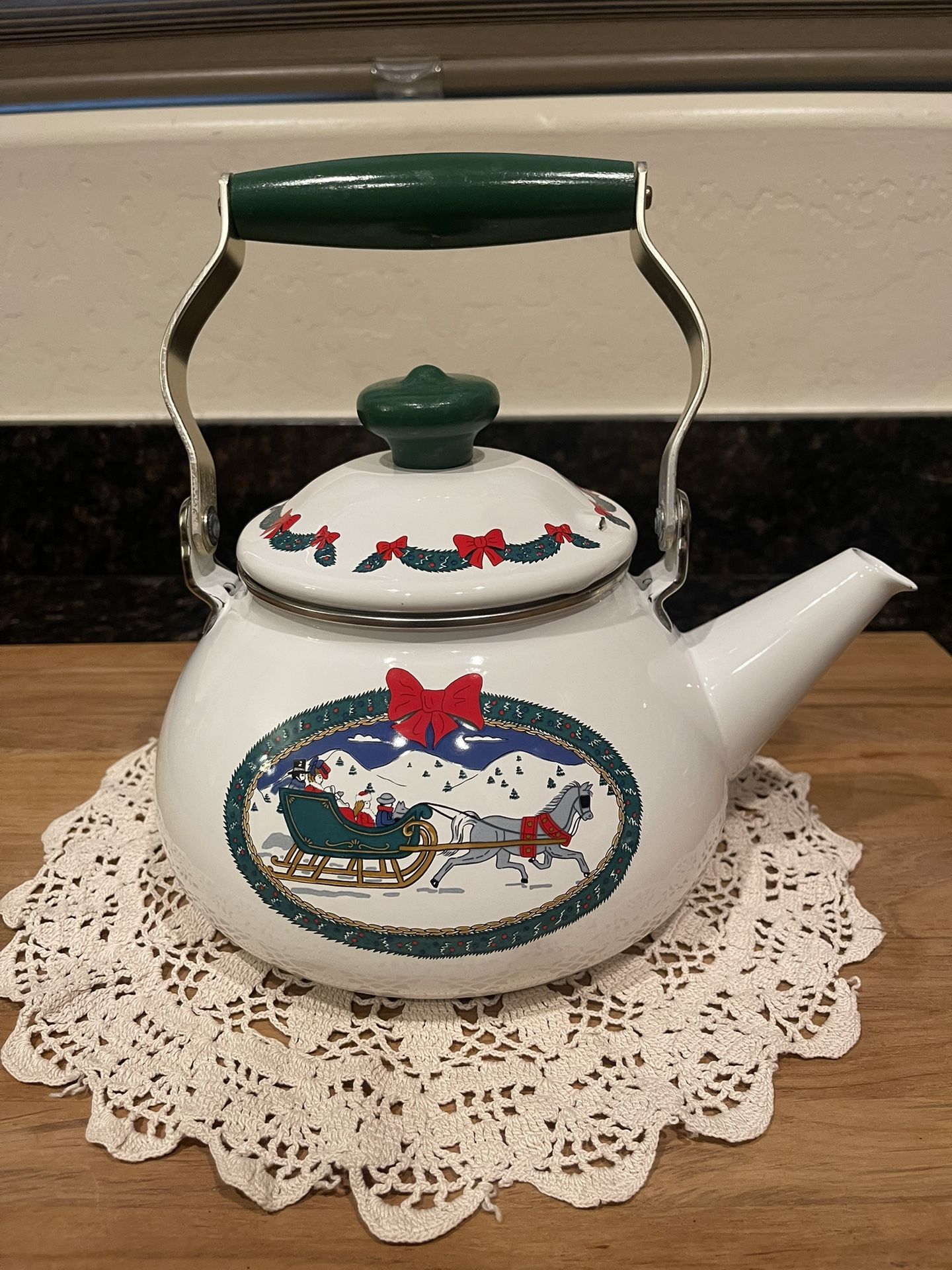 Vintage Festive Enamel 2 Qt Tea Kettle