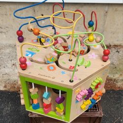 Ever Earth Garden Activity Cube. Wood Shape & Color Sorter, Bead Maze & Counting Toy