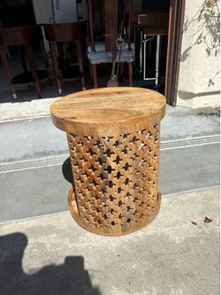 Carved Wood Round Side Table Stool