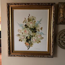 Vintage Signed Corbeau Floral Oil Painting - "Perfect Pastels" - Ornate Gilt Frame