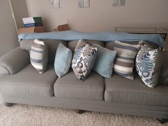 Gray Fabric Three-Seat Sofa with Throw Pillows