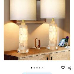 27" Alabaster and Wood Table Lamp Set of 2 with Night Light Nightstand Lamps with USB Ports White Li