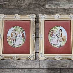 Vintage ceramic cameo on velvet in ornate gold frames - $25 each