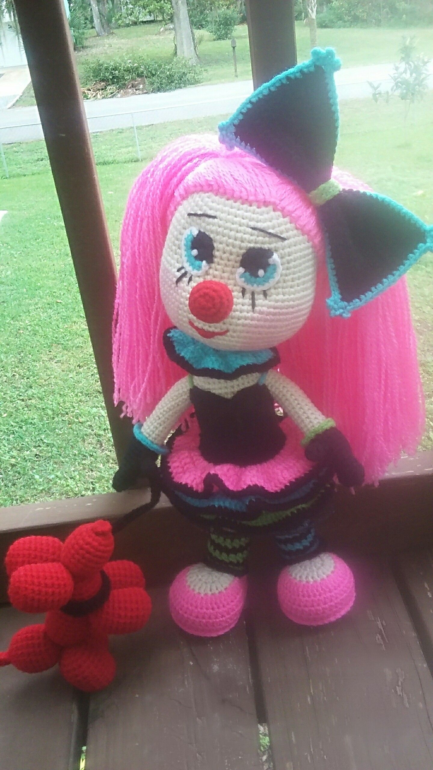 Crochet Ms. Clown Doll w/ Balloon Dog Pet