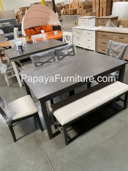 Beautiful 6pcs Dining Set, Grey Dining Table And Chairs, Dinette Set, Table, Chairs, Casual Dining Set, Wooden Table, Gray Table, Chairs, Bench. 6-Pcs
