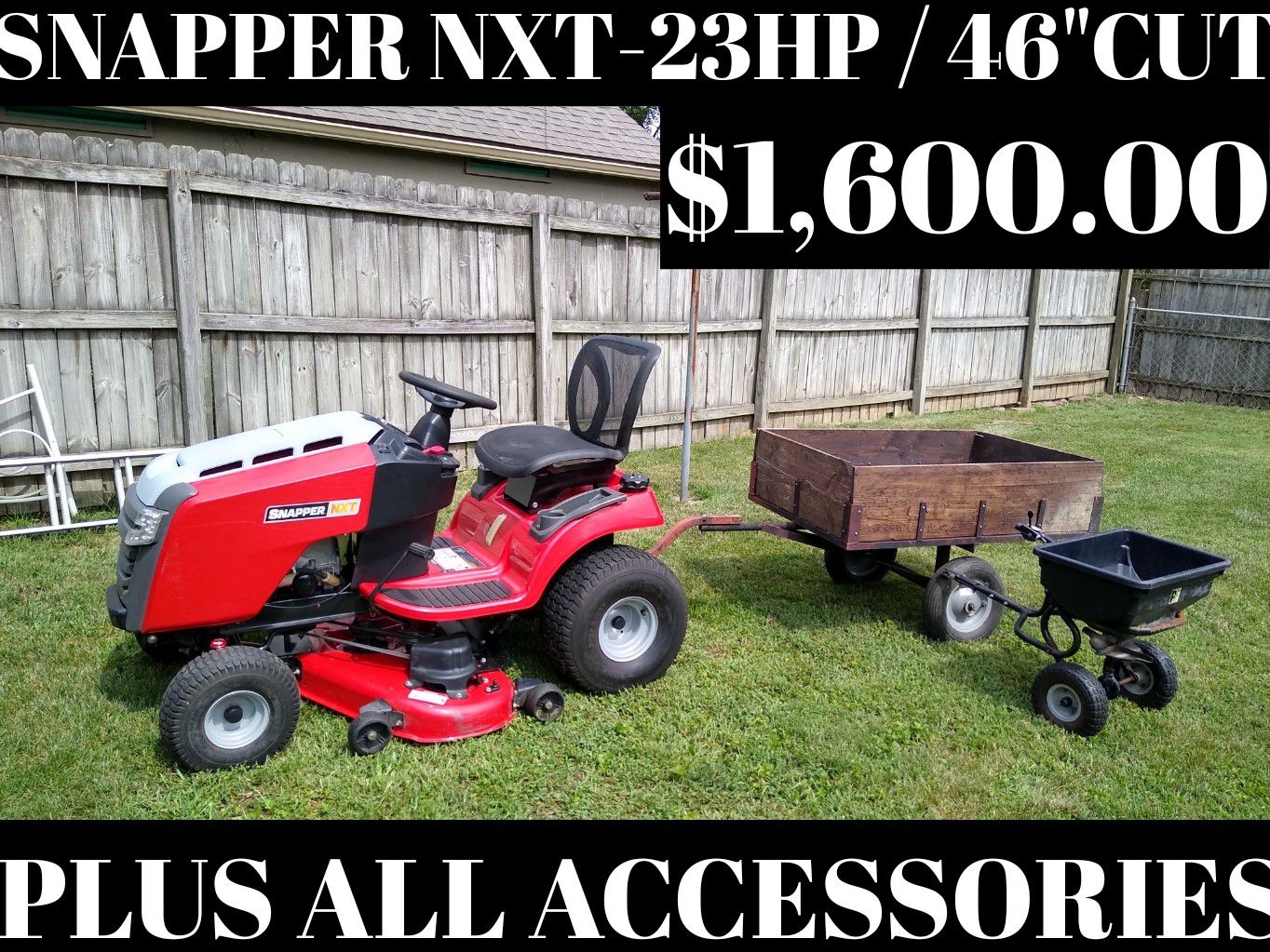 SNAPPER NXT RIDING TRACTOR / LAWN MOWER / 23HP-46" CUT / PLUS WAGON & SPREADER