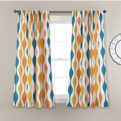 Lush Decor Mid Century Geo Room Darkening Window Curtain Panels Pair 52" W x 63" L Turquoise & Orange - Retro Curtains for Living Room - Vintage Drape