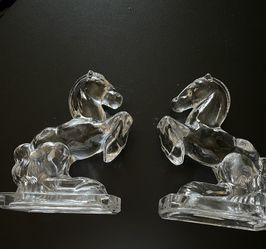 Vintage Rearing Horses Clear Glass Bookends  Thumbnail