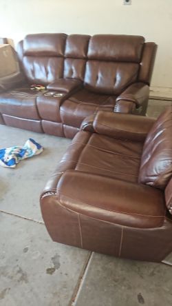 Brown Leather Reclining Sofa and Loveseat Set