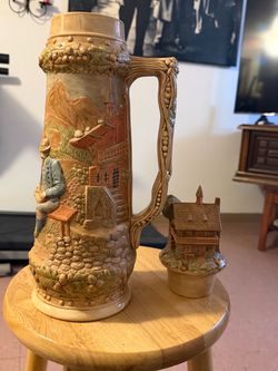 Large Ceramic Beer Stein with Village Scene