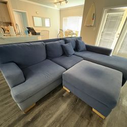 Blue L-Shaped Sectional Couch with Ottoman, 3 Pieces 