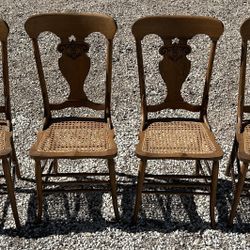 4 Matching Oak Carved Canned Chairs 