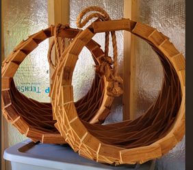 pair – large heavy rustic wood hanging baskets – unused