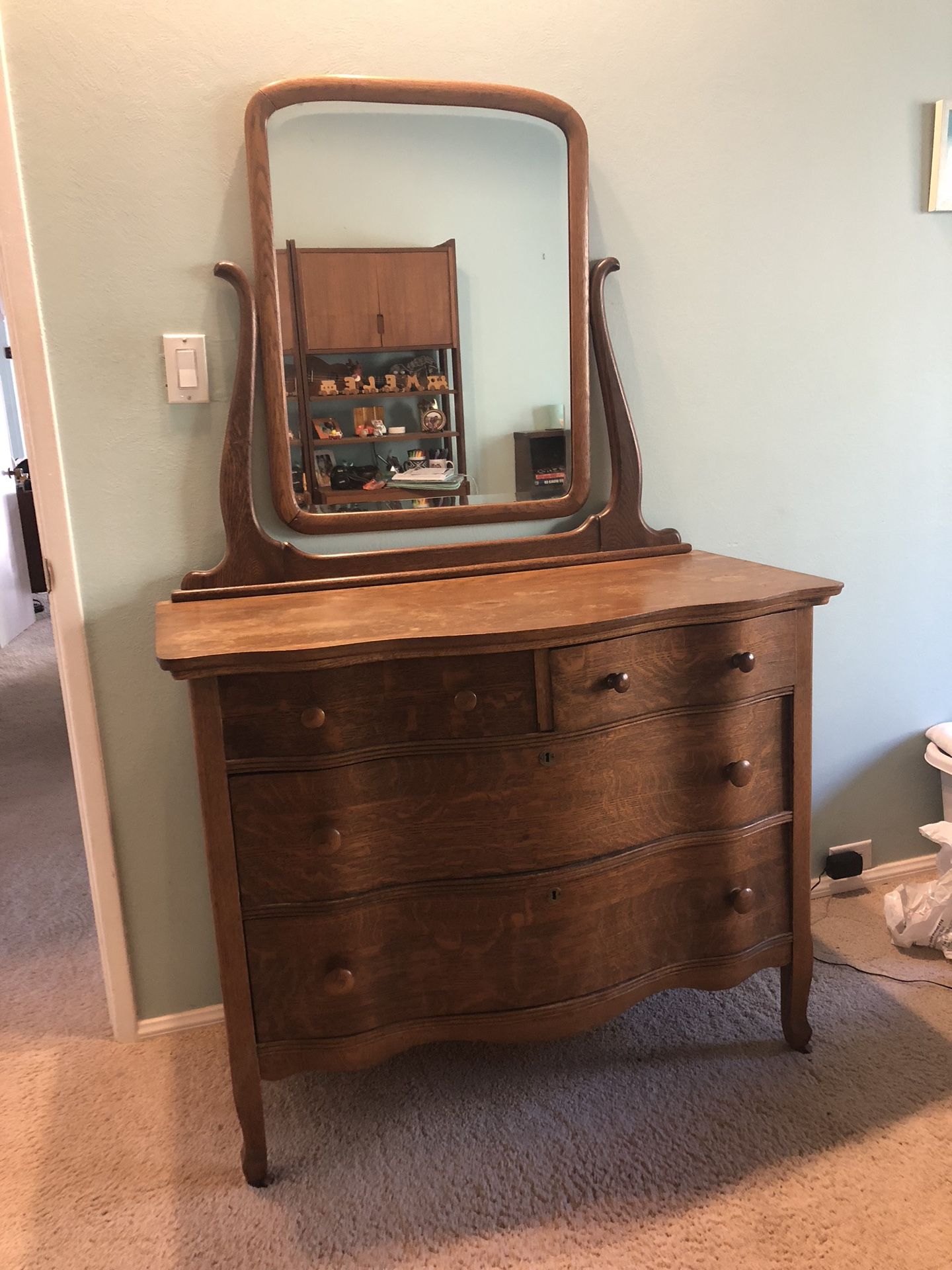 Antique Vintage Oak Serpentine Dresser with Vanity Mirror