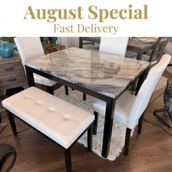 5-Piece White Faux-Marble Dining Set with Bench