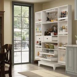 White Wood 31.5 in. W Buffet Kitchen Wine Cabinet With Double Doors, Pull-out Wine Rack, Drawers