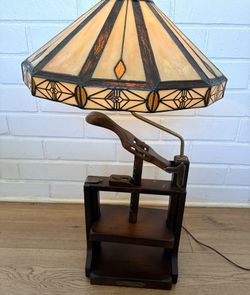 Antique Old Book Press Base w/  Tiffany Style Glass Shade Table Lamp 31x 12
