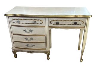 French Style Beige Gold Writing Desk with 4 Drawers, Carvings, Polished Wood