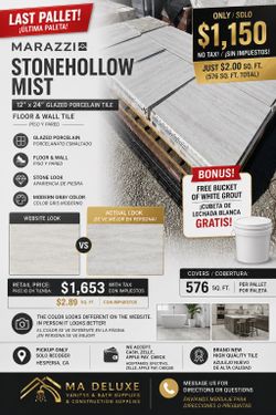 Hi everyone! We have 1 brand-new pallet of Stonehollow Mist 12 in. x 24 in. Glazed Porcelain Stone Look Floor & Wall Tile available. ✅ Total Coverage