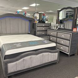 Gray 5pc Bedroom Set W/ LED Lights And Glitter Accents Furniture For Sale (new) 