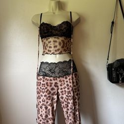 Leopard Print Lace Trim Bodysuit and Pants Set