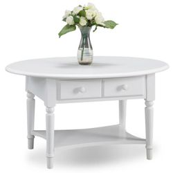 Price Drop! NEW Farmhouse Oval White Wood Coffee Table with Shelf
