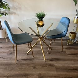 Gold Glass Blue Velvet Dining Table Set For 2 